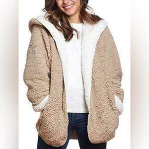 Zaful Reversible Cozy Sherpa Hooded Teddy Bear Jacket Size Small Color Tan/Cream